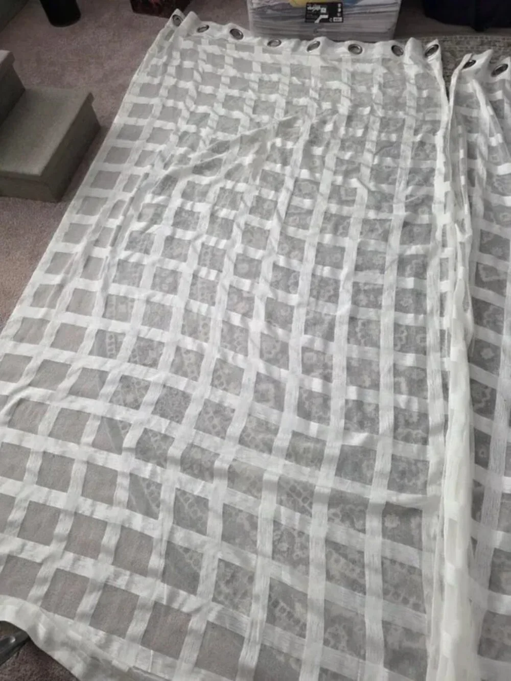 54x92. Sheer plaid jacquard fabric curtain panels, cream  with grid pattern